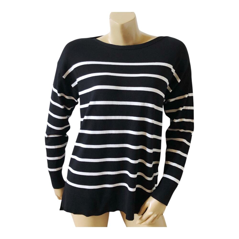 Anne Klein Sweater Womens S Black White Stripe Boat Neck Pullover Button Sleeve